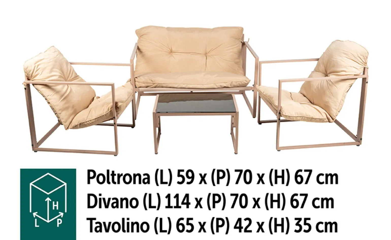 Aris Set lounge divano, 2 poltrone e tavolino, beige