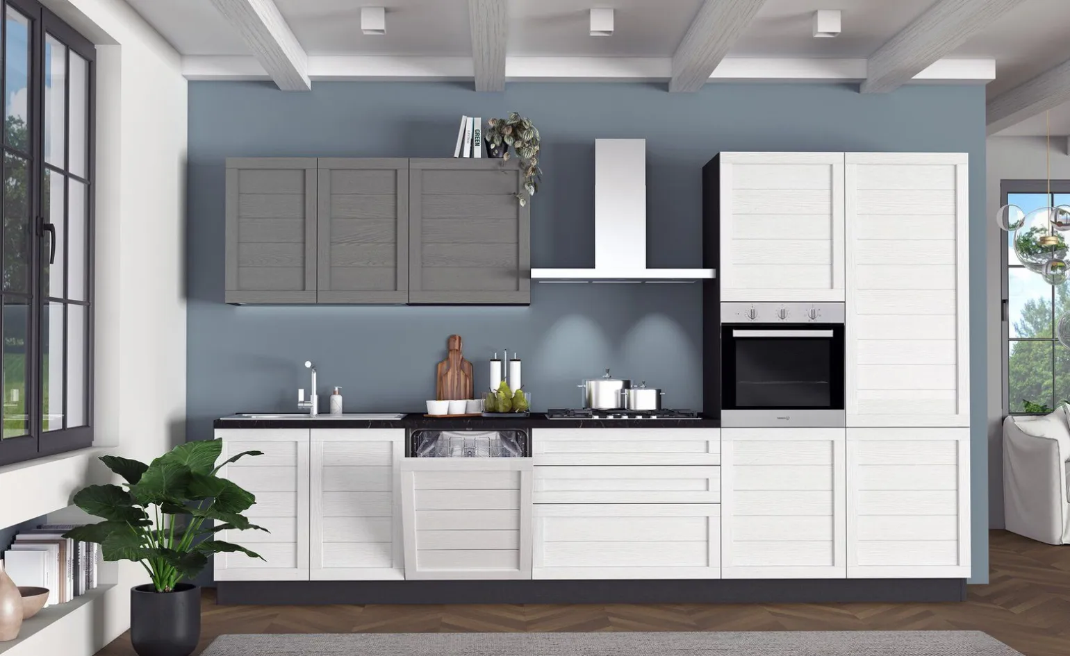 Beverly cucina 360 cm colore bianco e grigio fumo