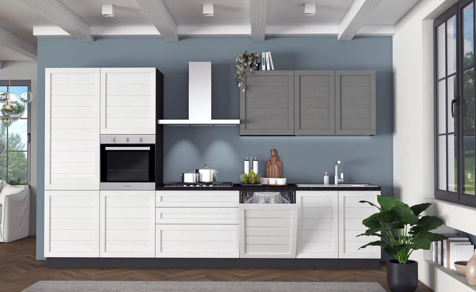 Beverly cucina 360 cm colore bianco e grigio fumo