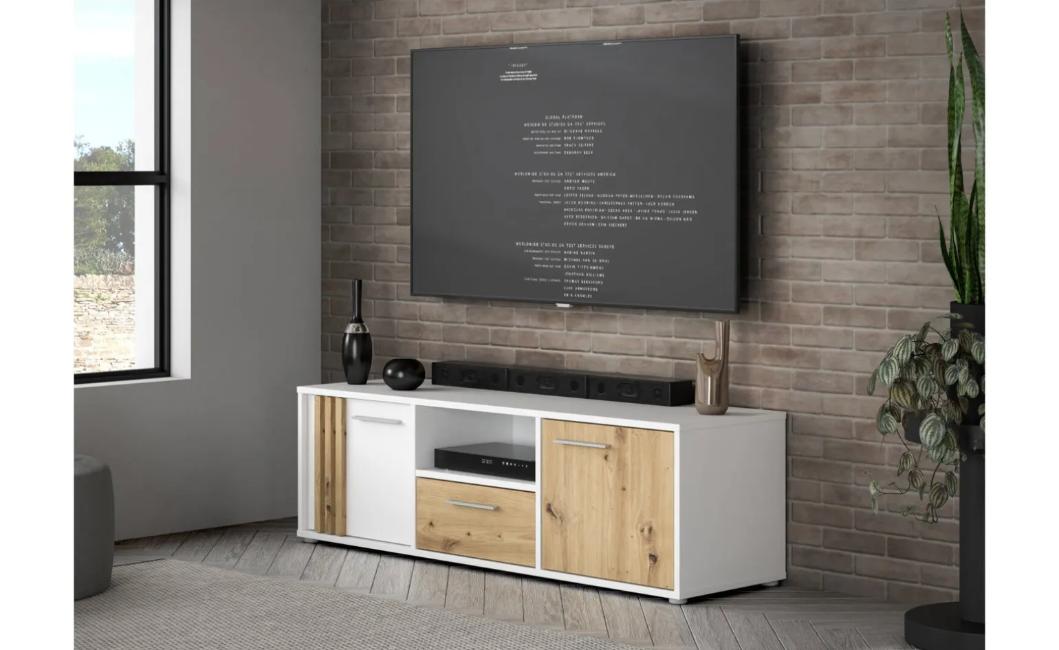 Biella porta tv 2 ante e un cassetto bianco opaco e rovere antracite