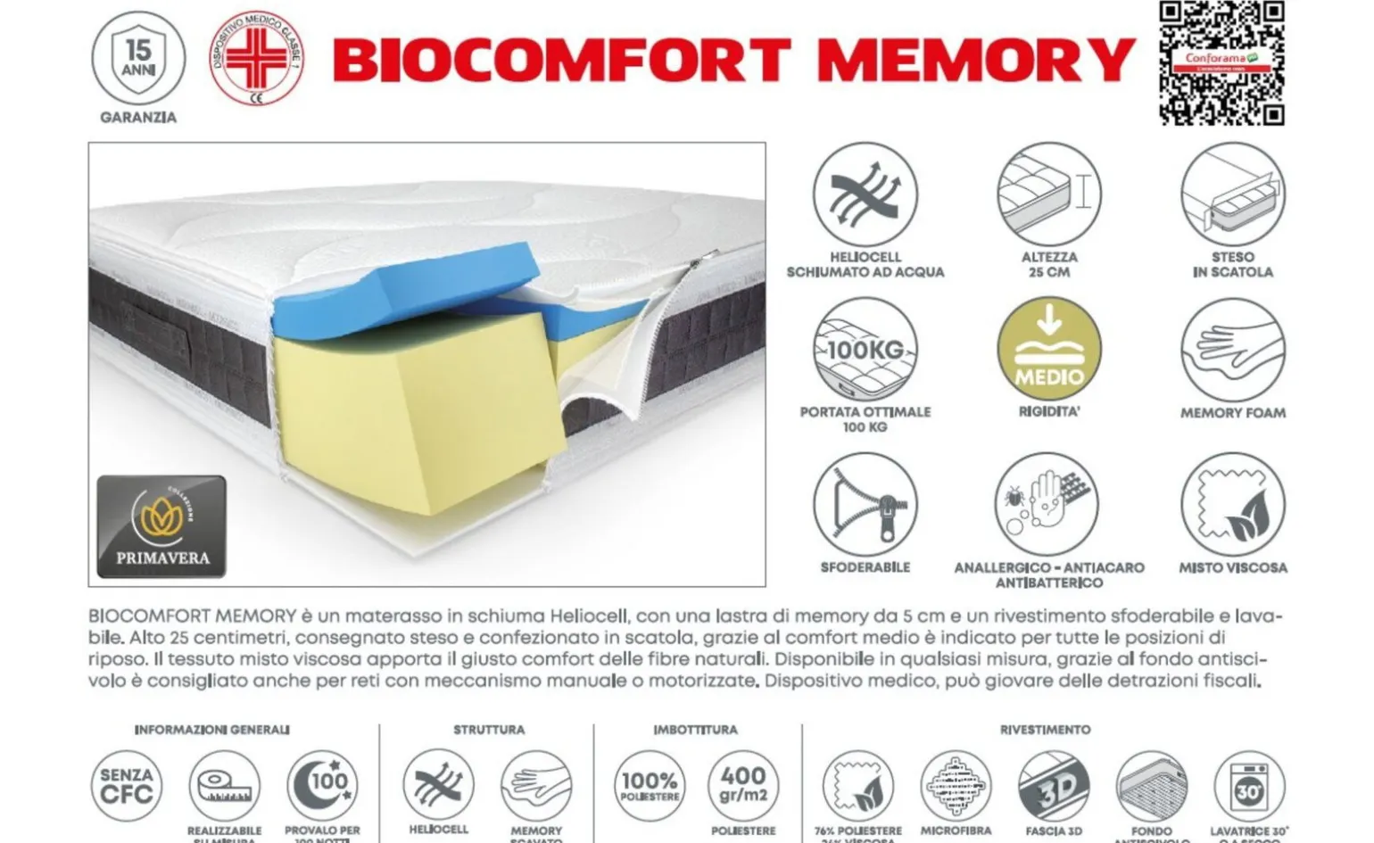 Biocomfort materasso una piazza e mezza 120x190cm