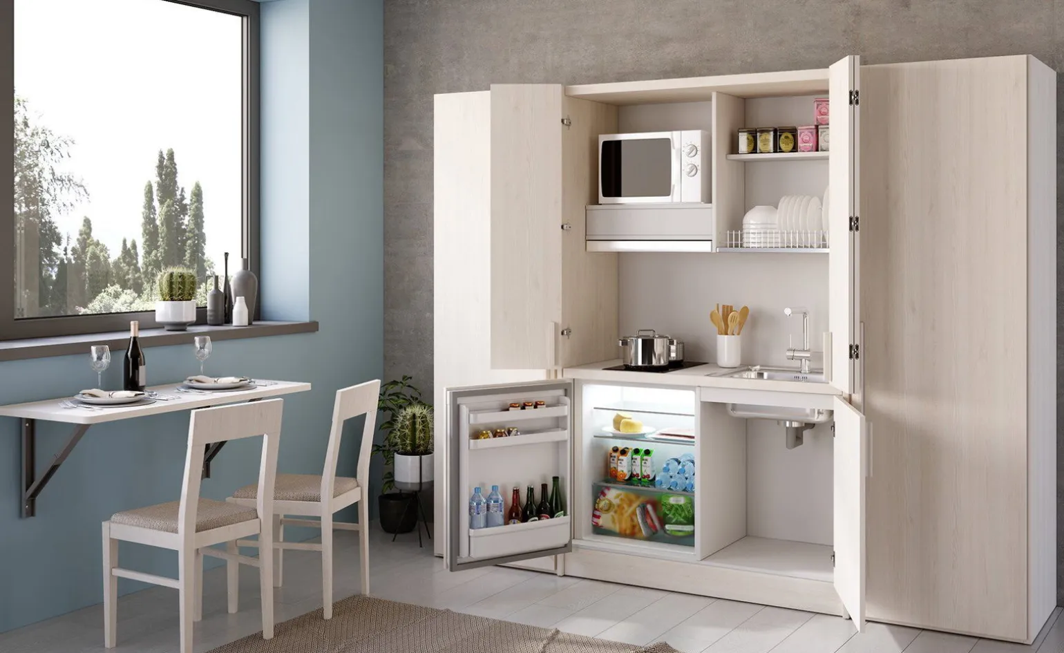 Cabrio cucina a scomparsa betulla con frigo