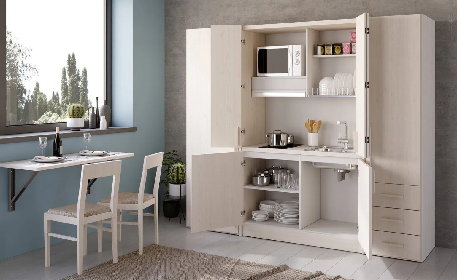 Cabrio cucina a scomparsa betulla con frigo