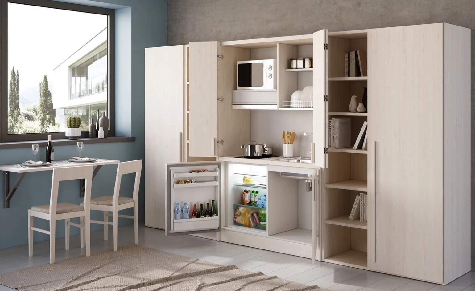 Cabrio cucina a scomparsa betulla con frigo