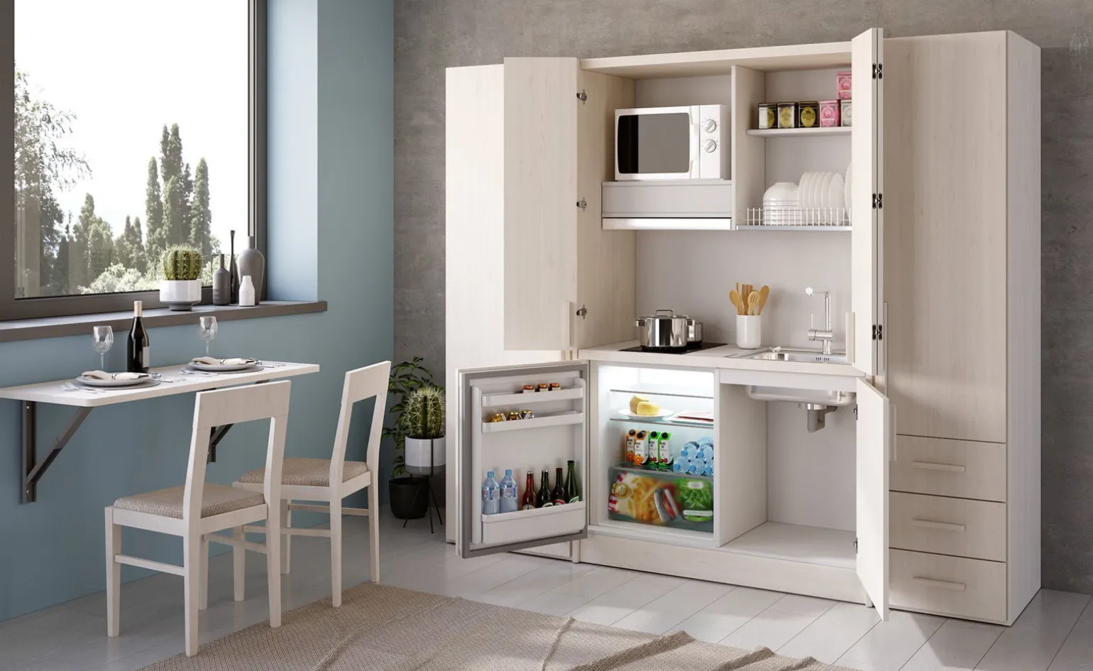 Cabrio cucina a scomparsa betulla con frigo e 2 armadi