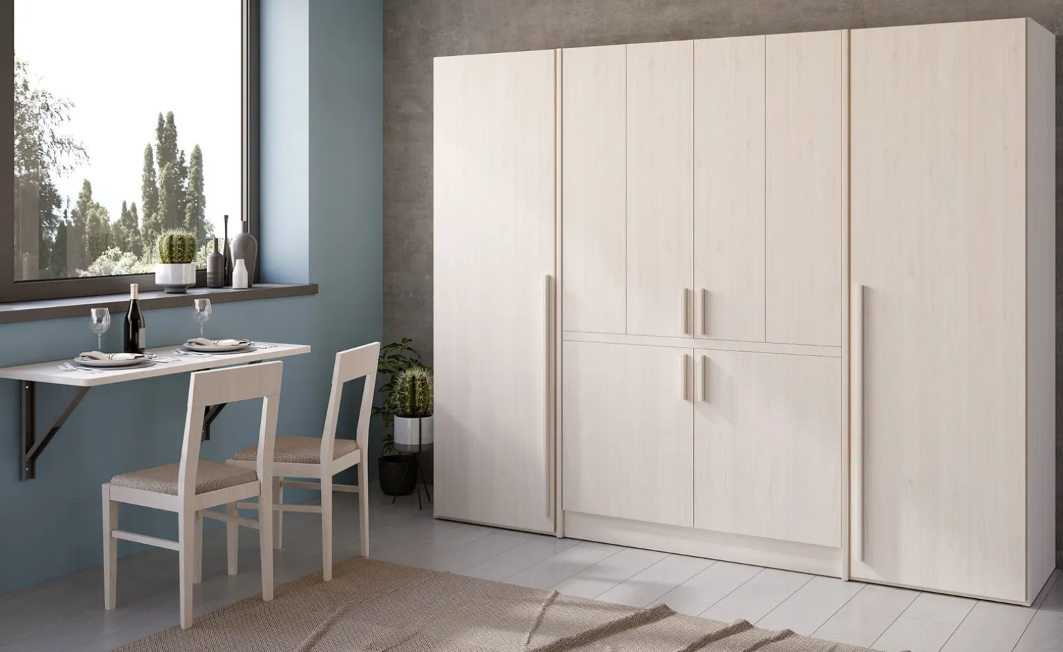 Cabrio cucina a scomparsa betulla con frigo, 2 librerie e 2 armadi