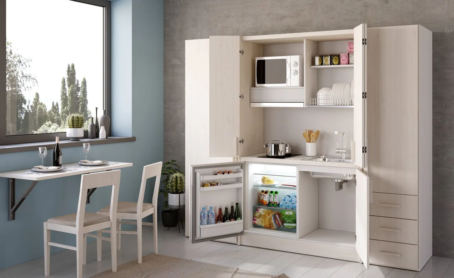 Cabrio cucina a scomparsa betulla con frigo, 2 librerie e 2 armadi