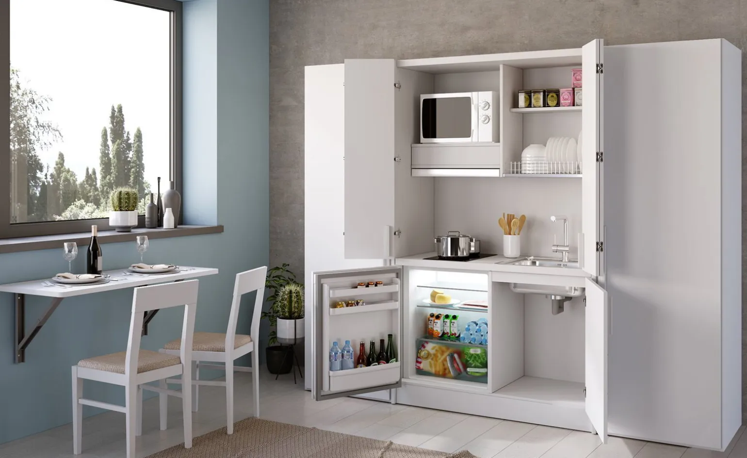 Cabrio cucina a scomparsa bianca con frigo con 2 armadi