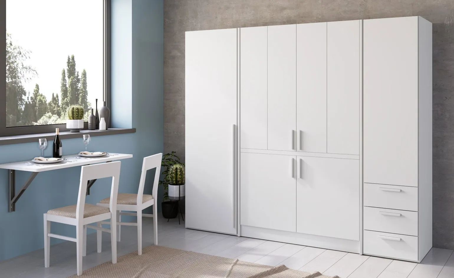 Cabrio cucina a scomparsa bianca con frigo e 2 armadi