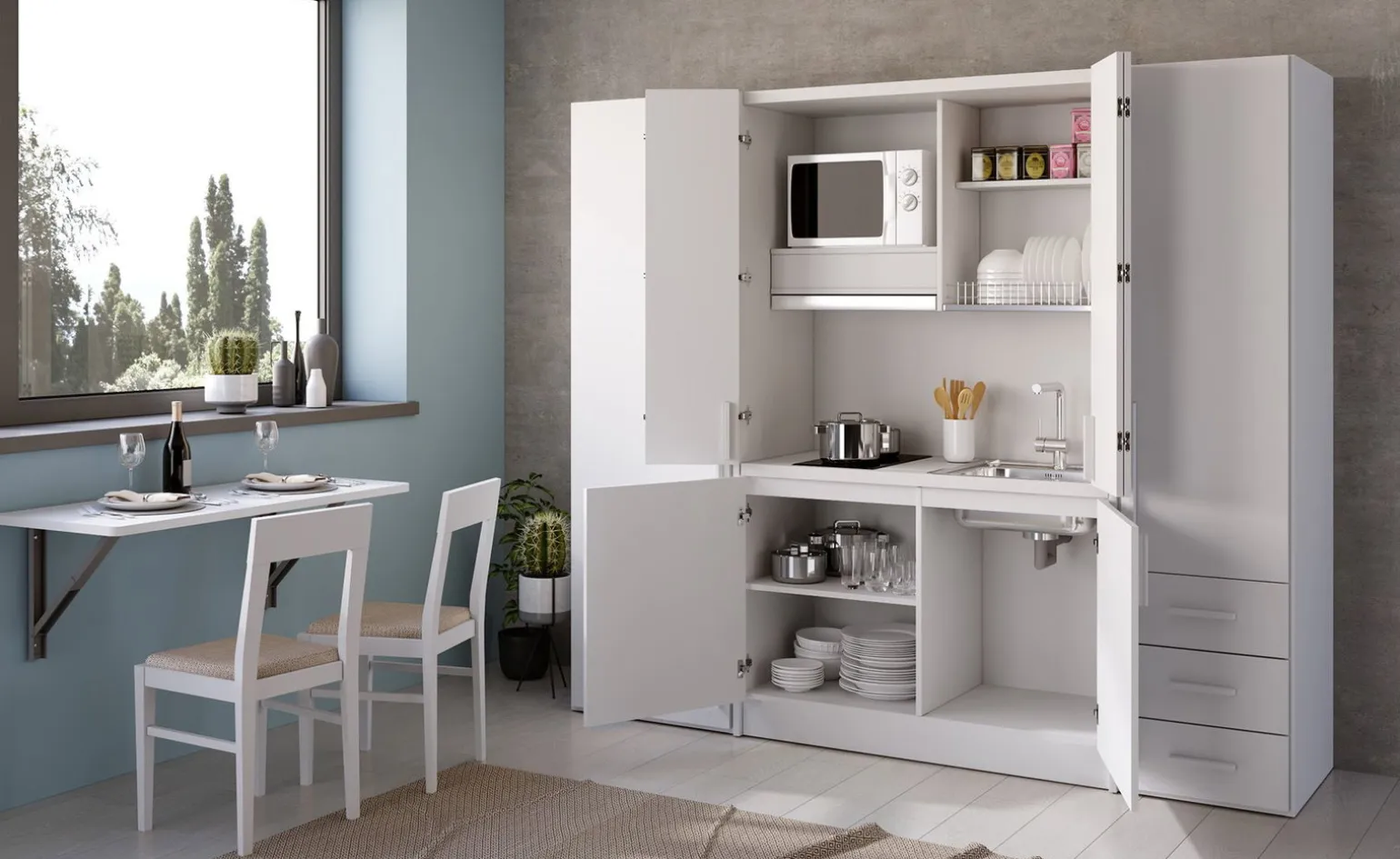 Cabrio cucina a scomparsa bianca senza frigo e 2 armadi