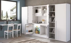 Cabrio cucina a scomparsa bianca con frigo, 2 librerie e 2 armadi