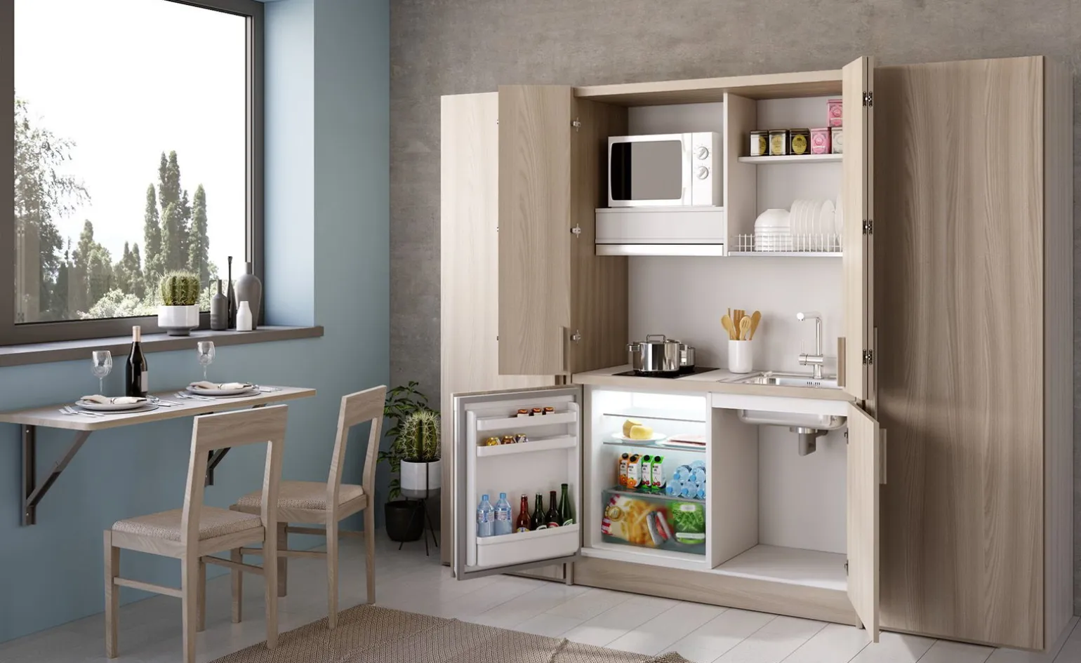 Cabrio cucina a scomparsa olmo con frigo con 2 armadi