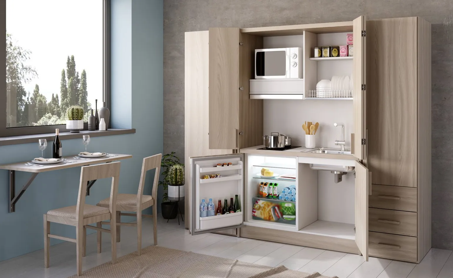 Cabrio cucina a scomparsa olmo con frigo e 2 armadi