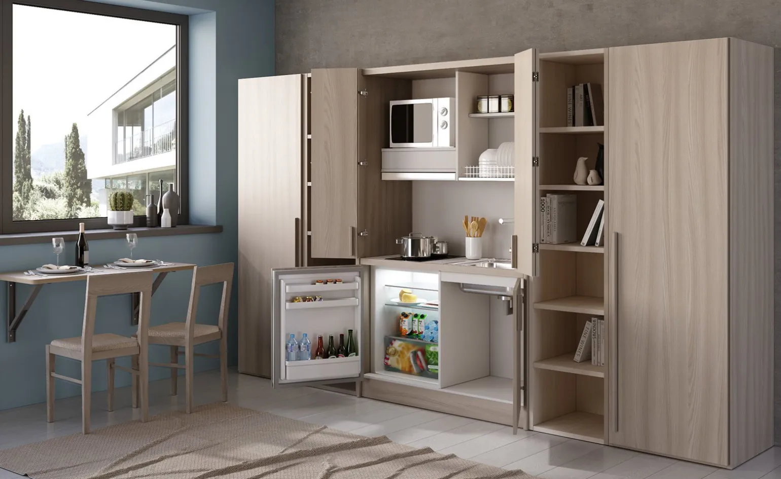 Cabrio cucina a scomparsa olmo con frigo con libreria e 2 armadi