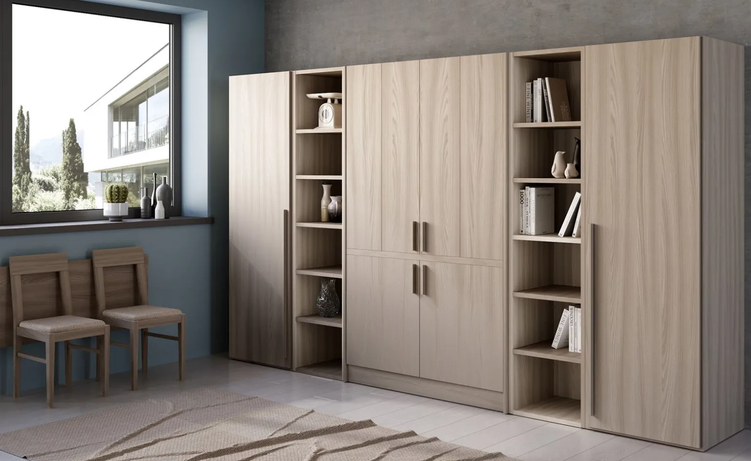 Cabrio cucina a scomparsa olmo con frigo con libreria e 2 armadi