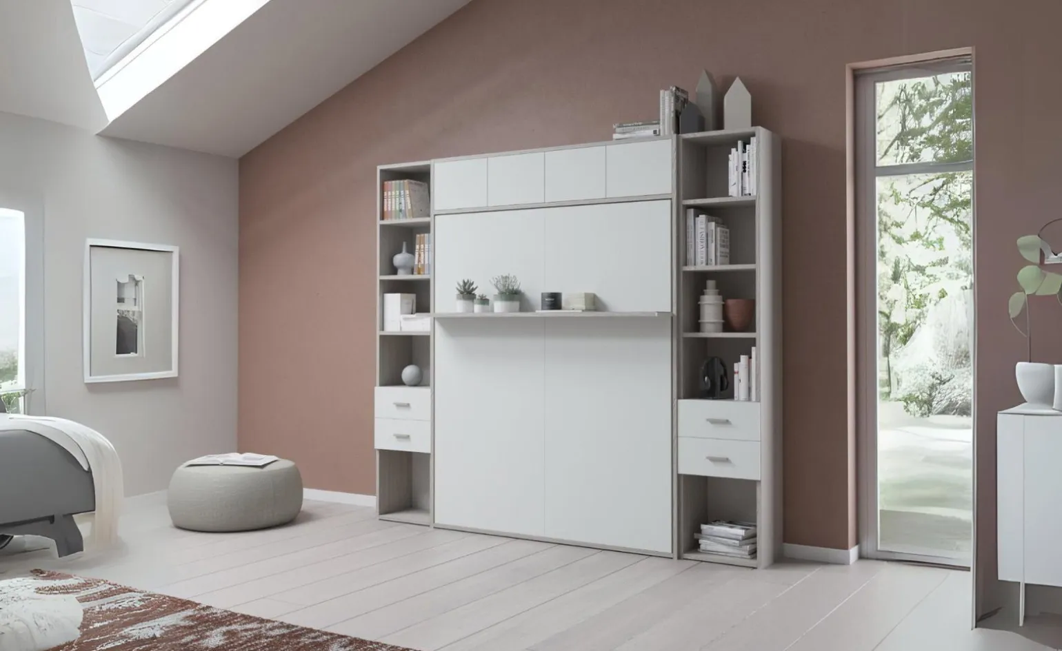 Cabrio letto a scomparsa colore tiglio e grigio light con ante