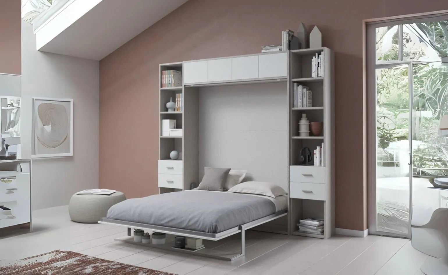 Cabrio letto a scomparsa colore tiglio e grigio light con ante