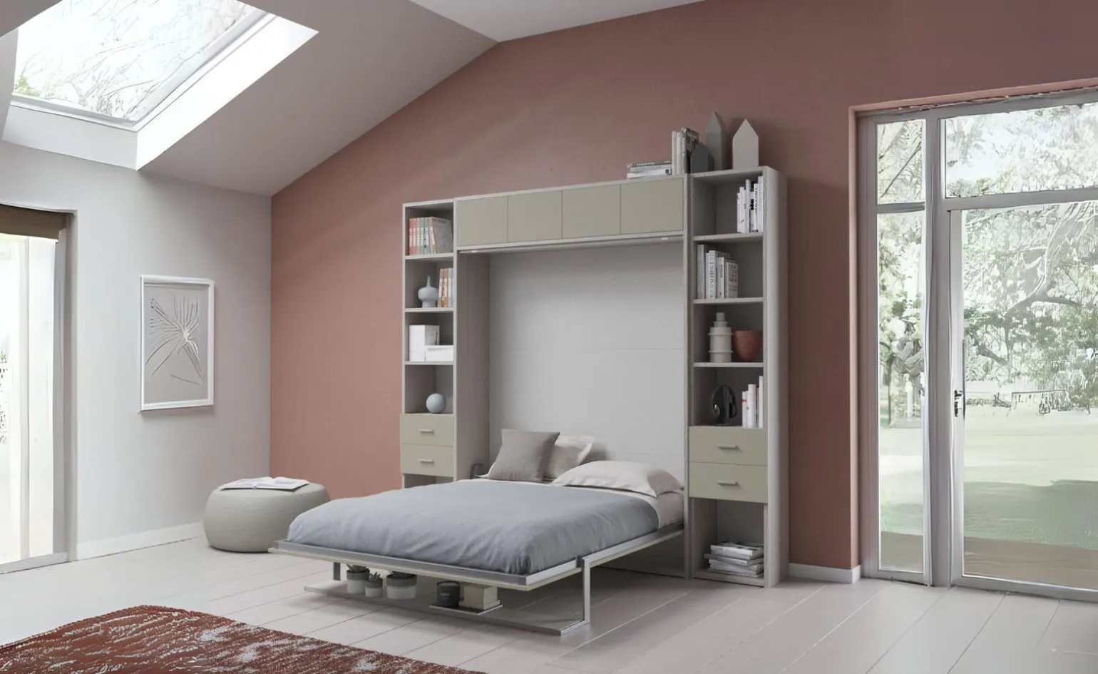 Cabrio letto a scomparsa colore tiglio e corda con ante