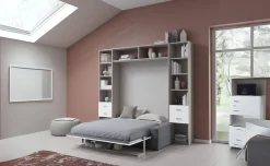Cabrio letto a scomparsa con divano e mensola colore tiglio e bianco opaco