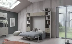 Cabrio letto a scomparsa con divano e mensola colore tiglio e tortora laccato