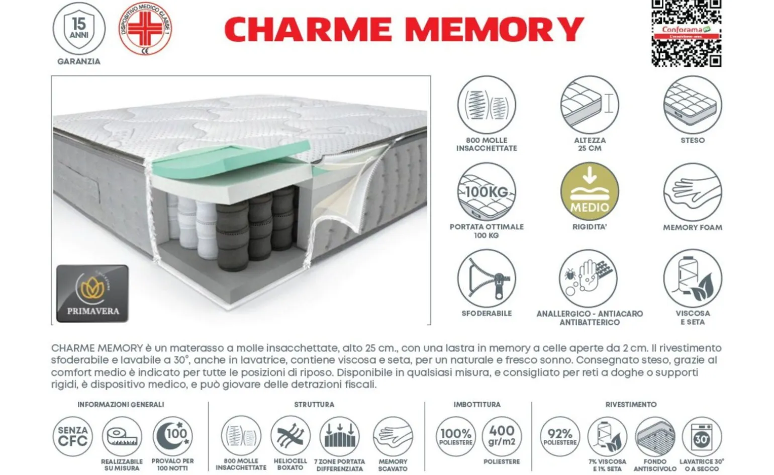 Charme Memory materasso una piazza e mezza 120x200cm