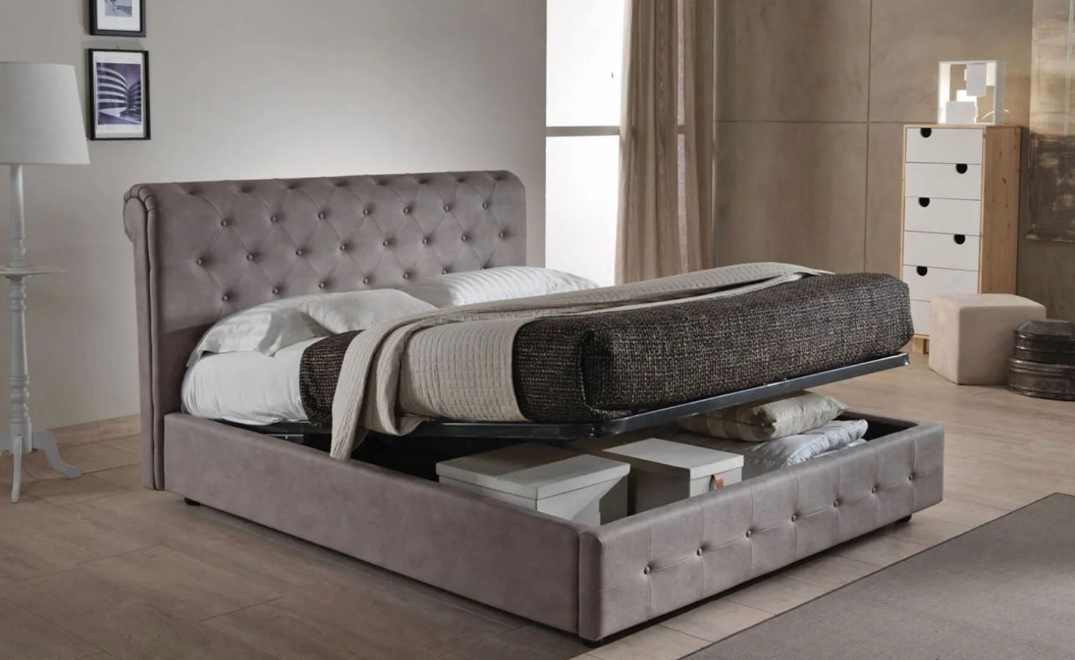 Chester letto matrimoniale contenitore tortora