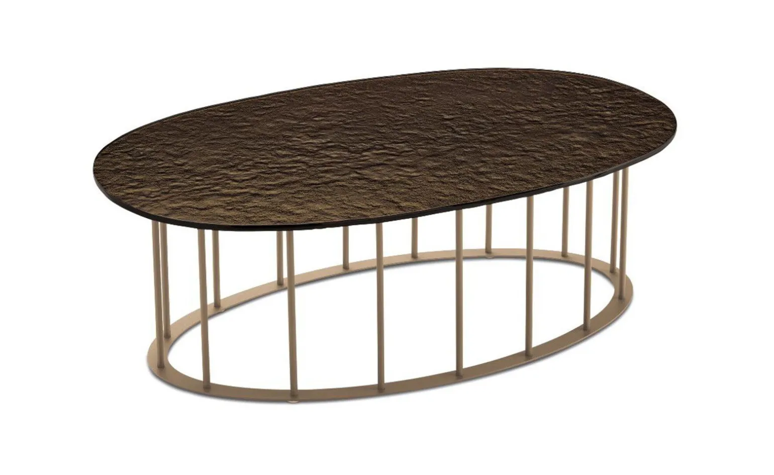 Chic tavolino ellittico metallo beige e piano bronzo martellato