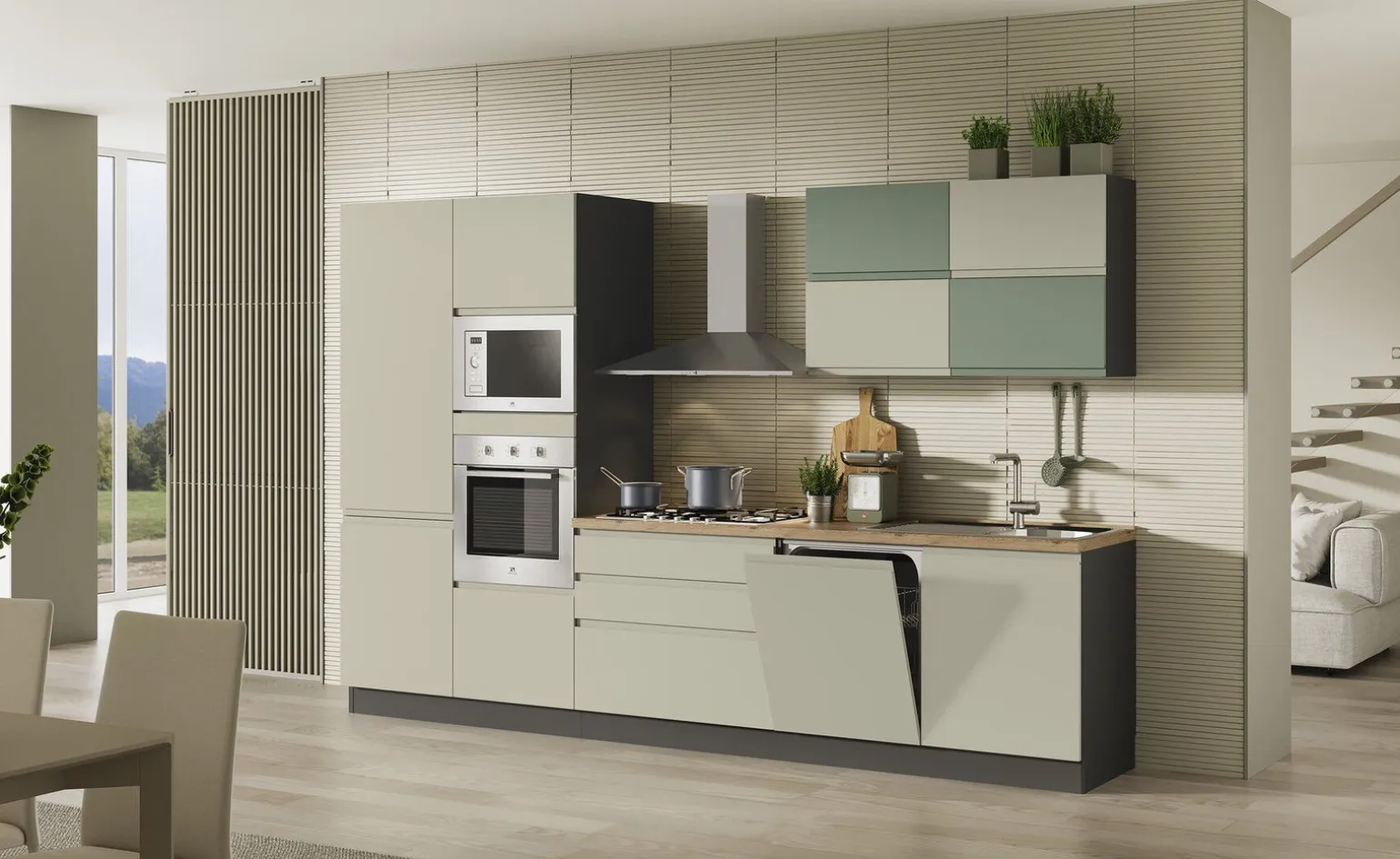 Clea cucina 330 cm colore grigio sasso e verde salvia