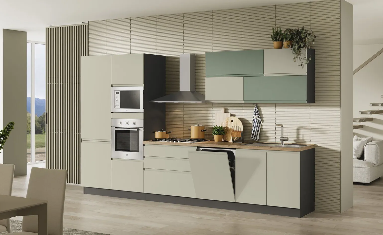 Clea cucina 360 cm colore grigio sasso e verde salvia