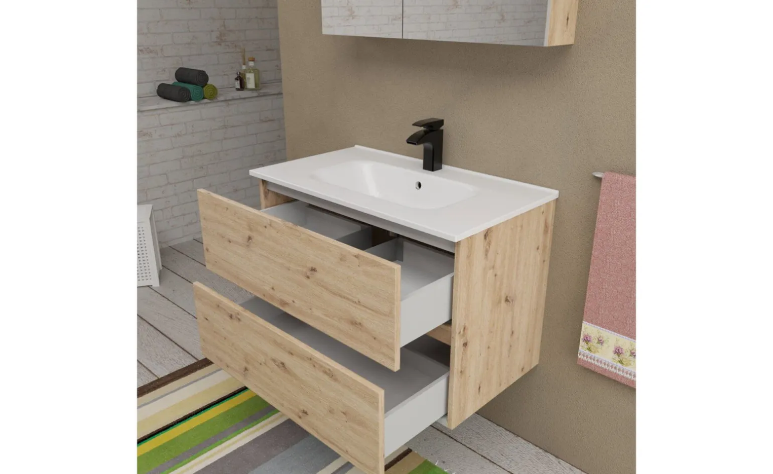 Cleo base sospesa 2 cassetti rovere, con lavabo in ceramica