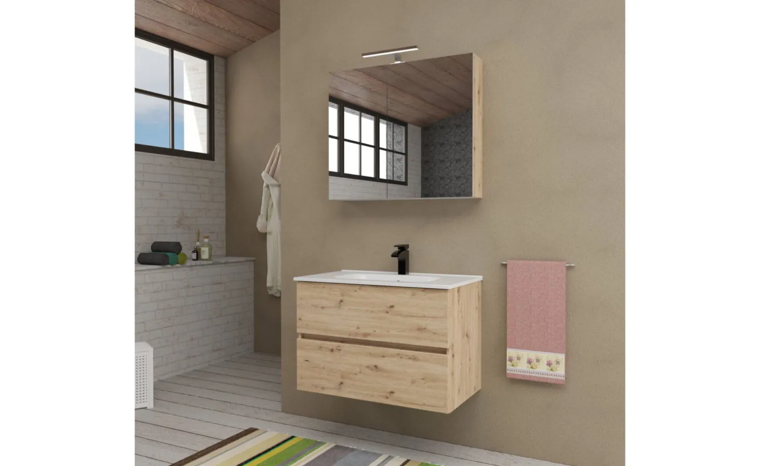 Cleo base sospesa 2 cassetti rovere, con lavabo in ceramica
