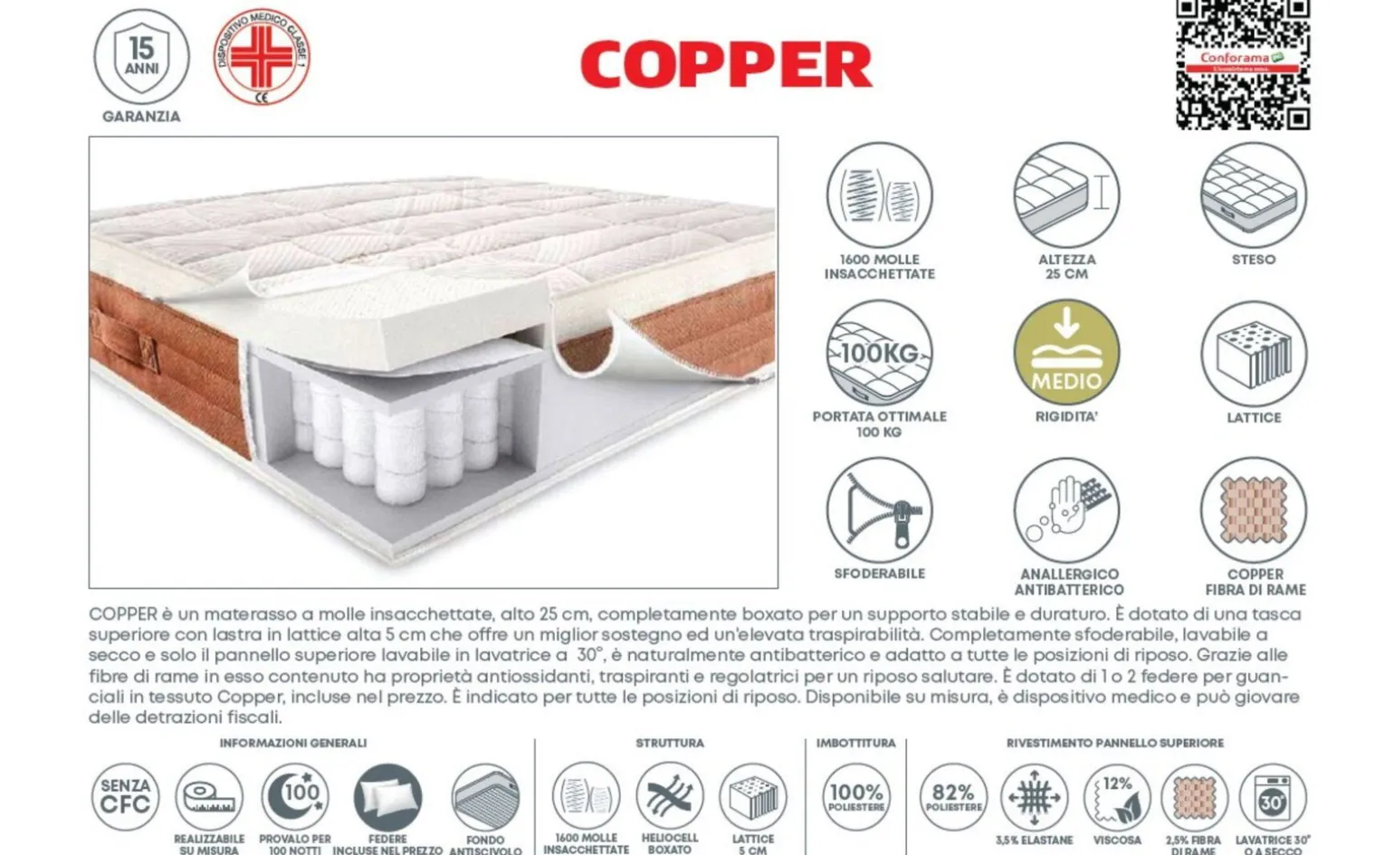 Copper materasso singolo 90x190 cm