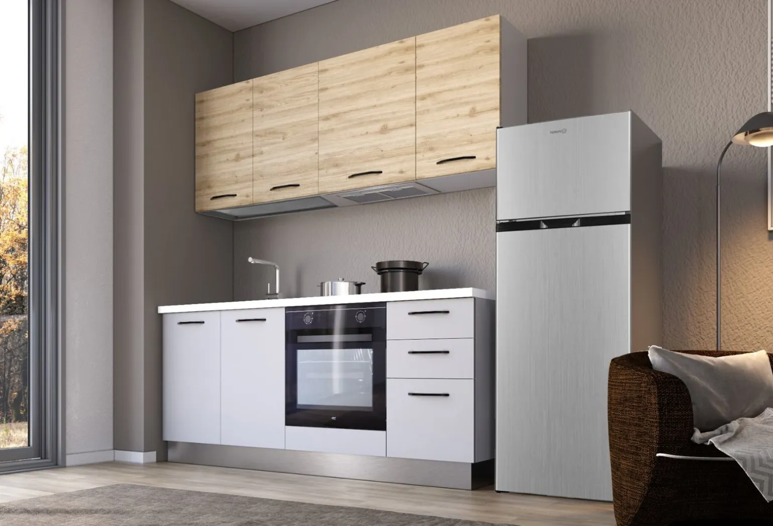 Cucina Gilda Light Grey e Rovere Cadiz con Frigorifero combinato SX