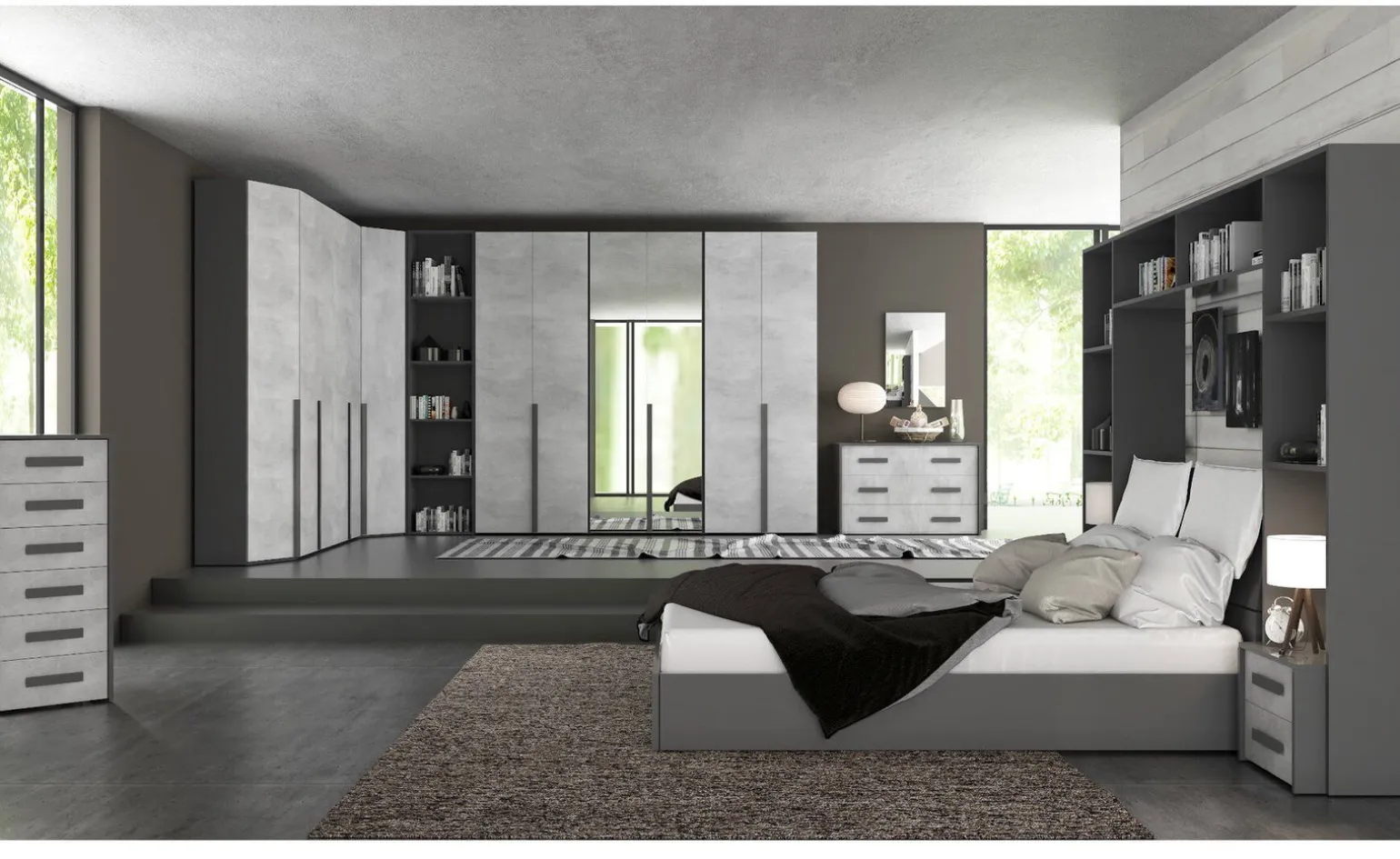 Desiree camera matrimoniale grigio cenere e cemento, letto senza contenitore