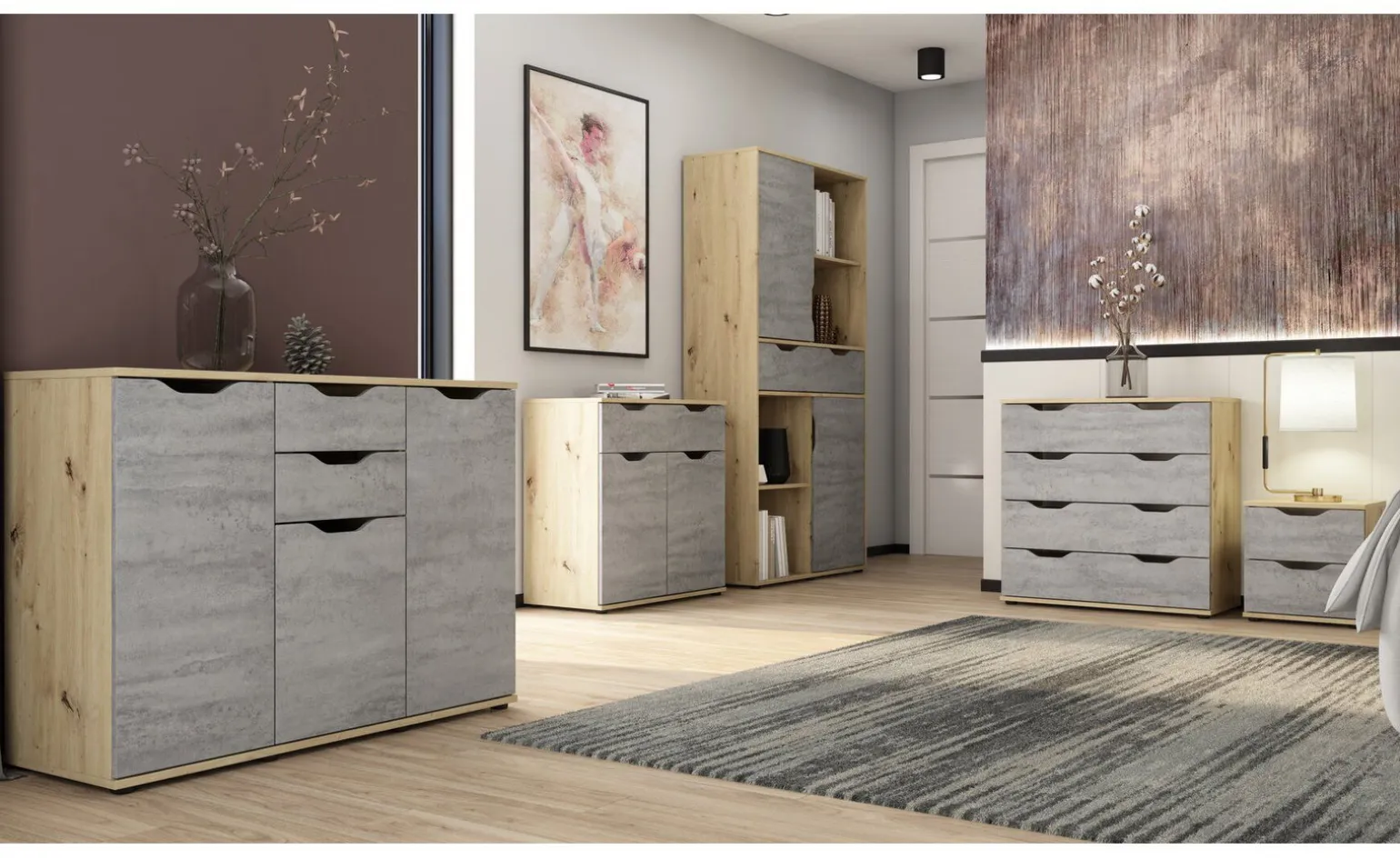 Dora comodino 2 cassetti rovere artisan e beton