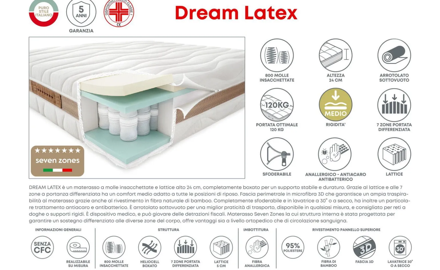 Dream latex materasso una piazza e mezza 120x200 cm