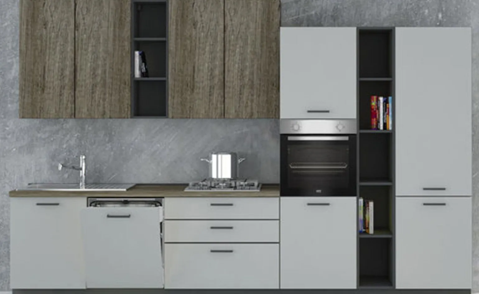 Ego cucina 360 cm colore antracite, grigio sabbia e quercia tartufo