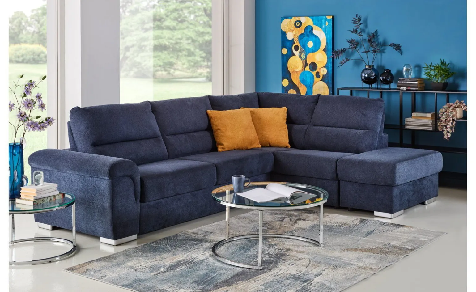 Faenza divano letto angolare in tessuto blu