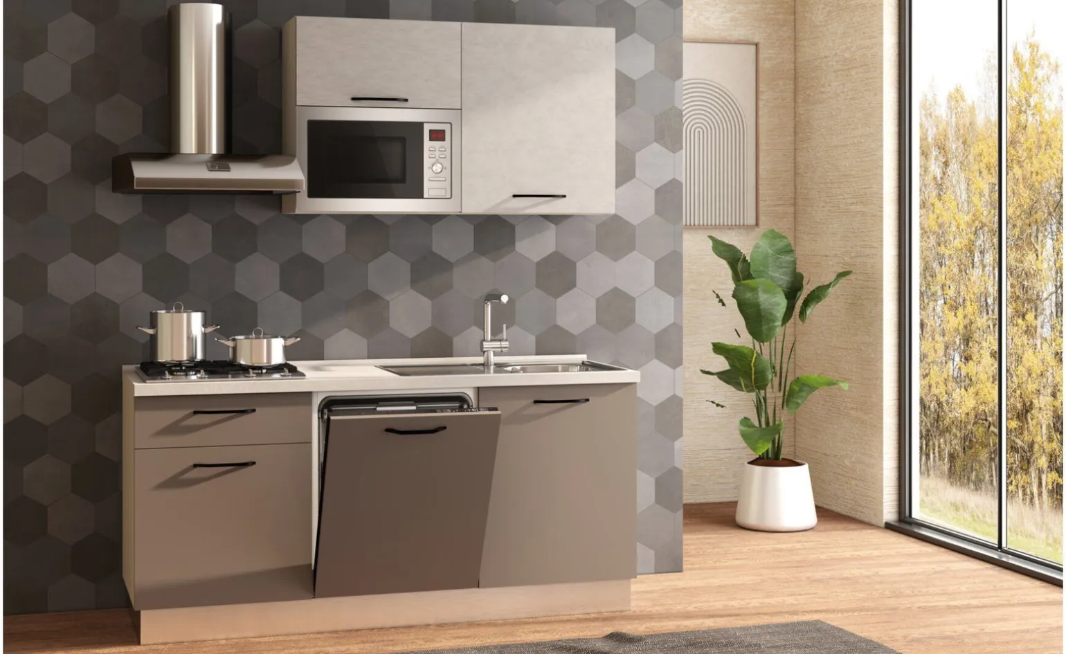 Fast Cucina completa L180 cm con piano cottura a gas, lavastoviglie e microonde, disponibile in vari colori
