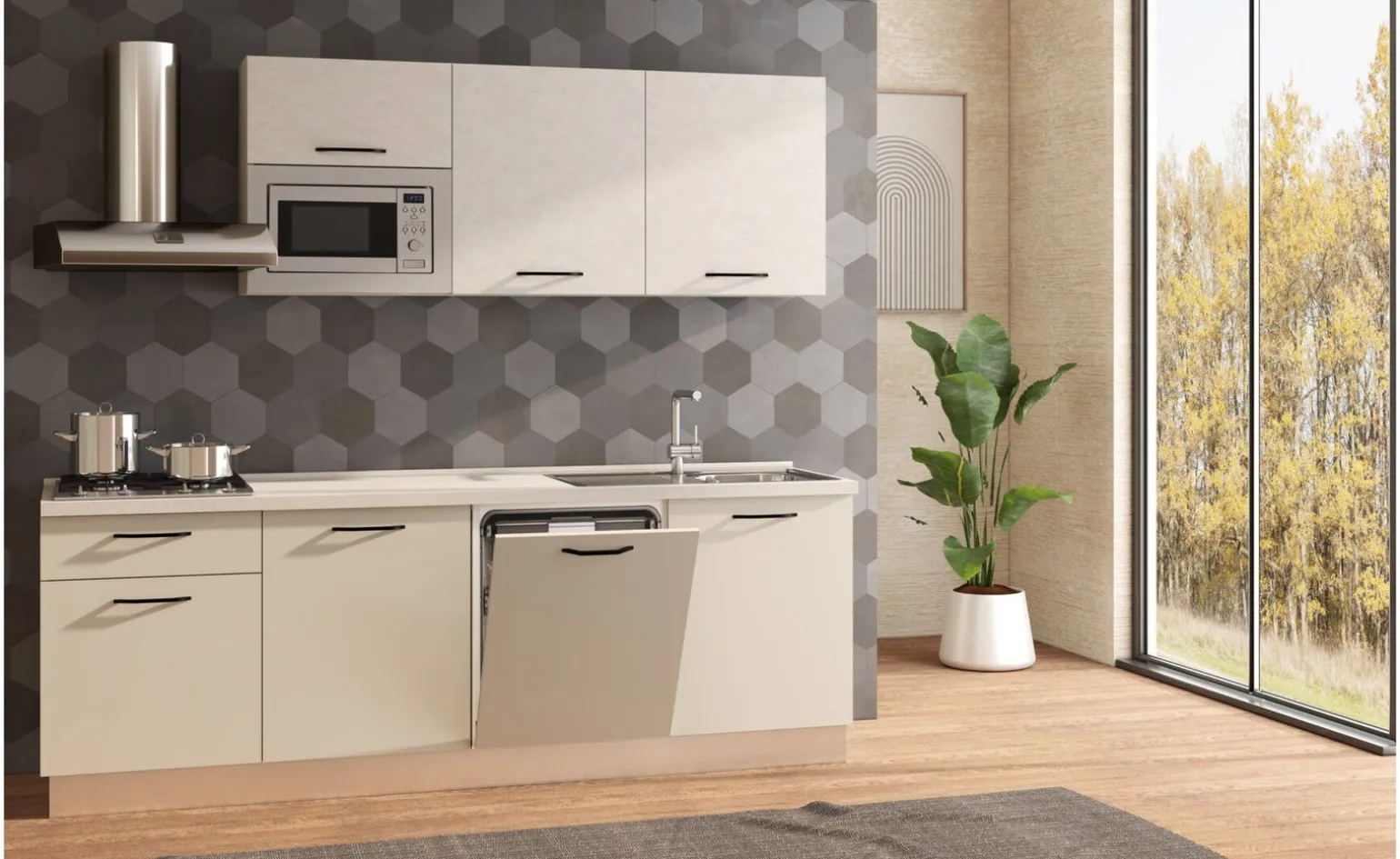 Fast Cucina completa L240 cm con piano cottura a gas, lavastoviglie e microonde, disponibile in vari colori