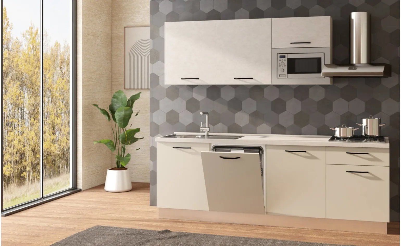 Fast Cucina completa L240 cm con piano cottura a gas, lavastoviglie e microonde, disponibile in vari colori