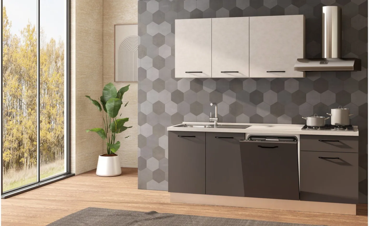 Fast Cucina completa L210 cm con piano cottura a gas e lavastoviglie, disponibile in vari colori