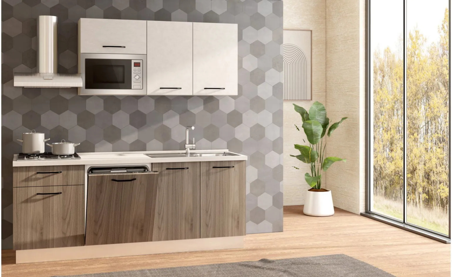 Fast Cucina completa L210 cm con piano cottura a gas, lavastoviglie e microonde, disponibile in vari colori
