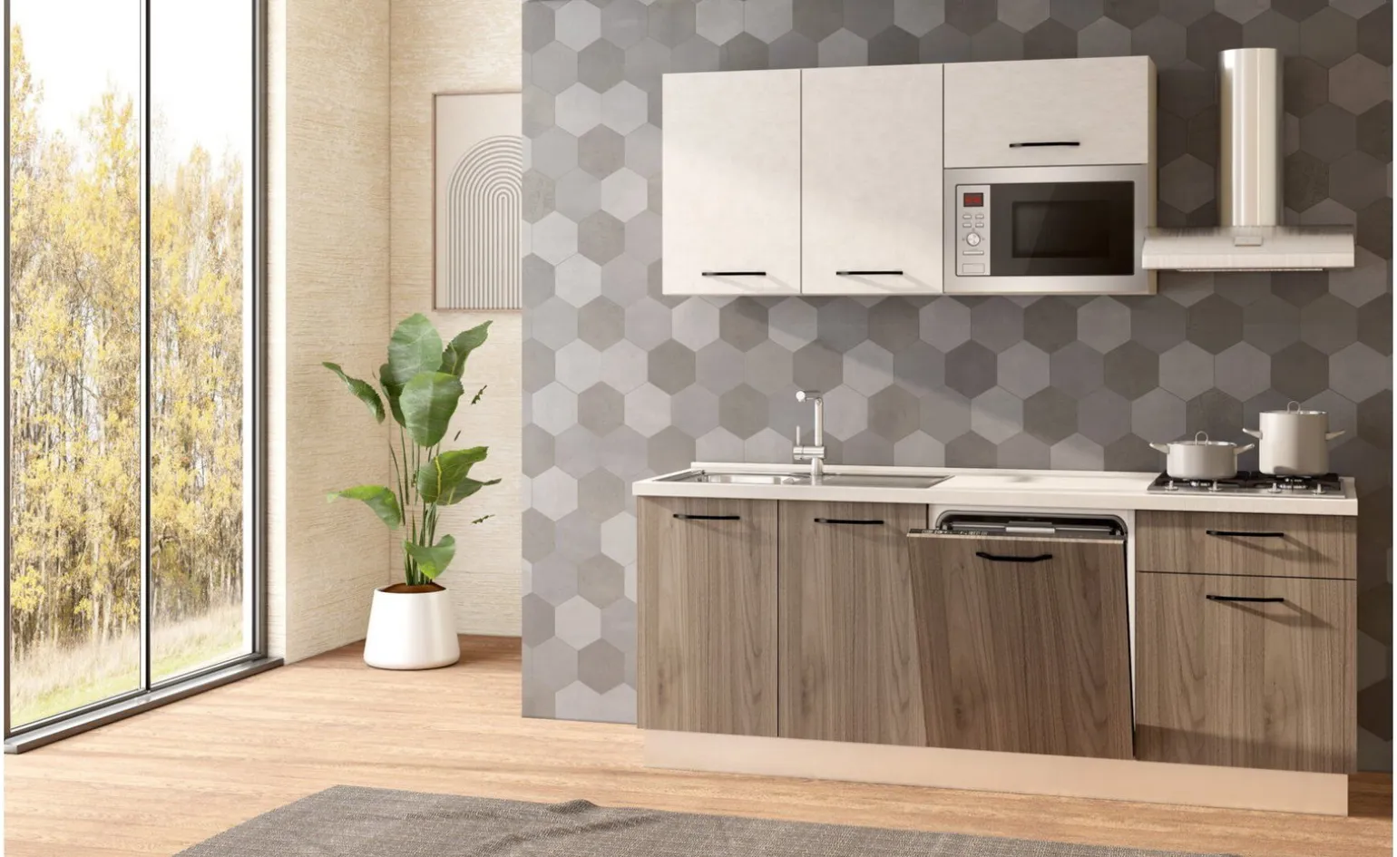 Fast Cucina completa L210 cm con piano cottura a gas, lavastoviglie e microonde, disponibile in vari colori