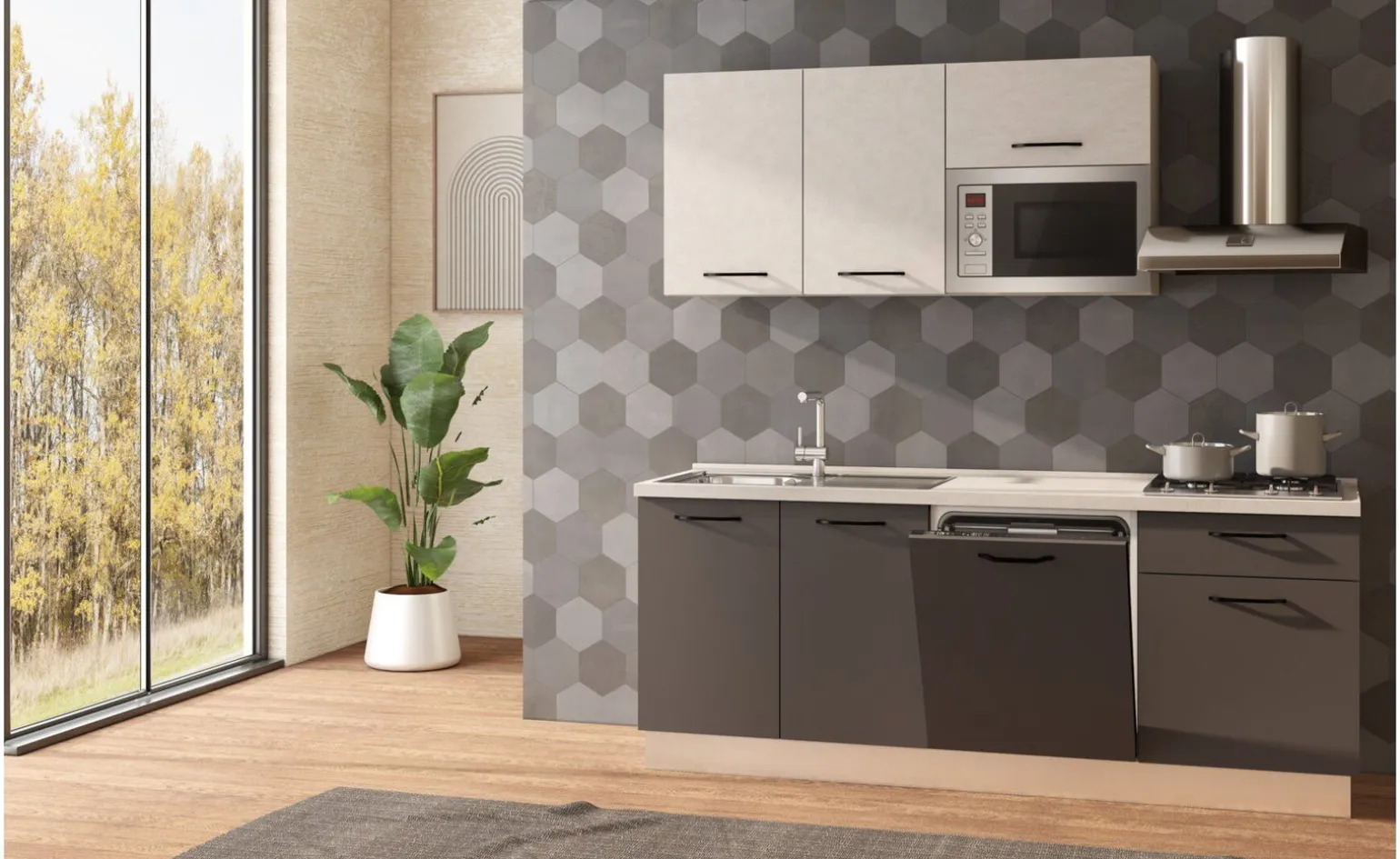 Fast Cucina completa L210 cm Noce/Tortora/Calce con piano cottura a gas