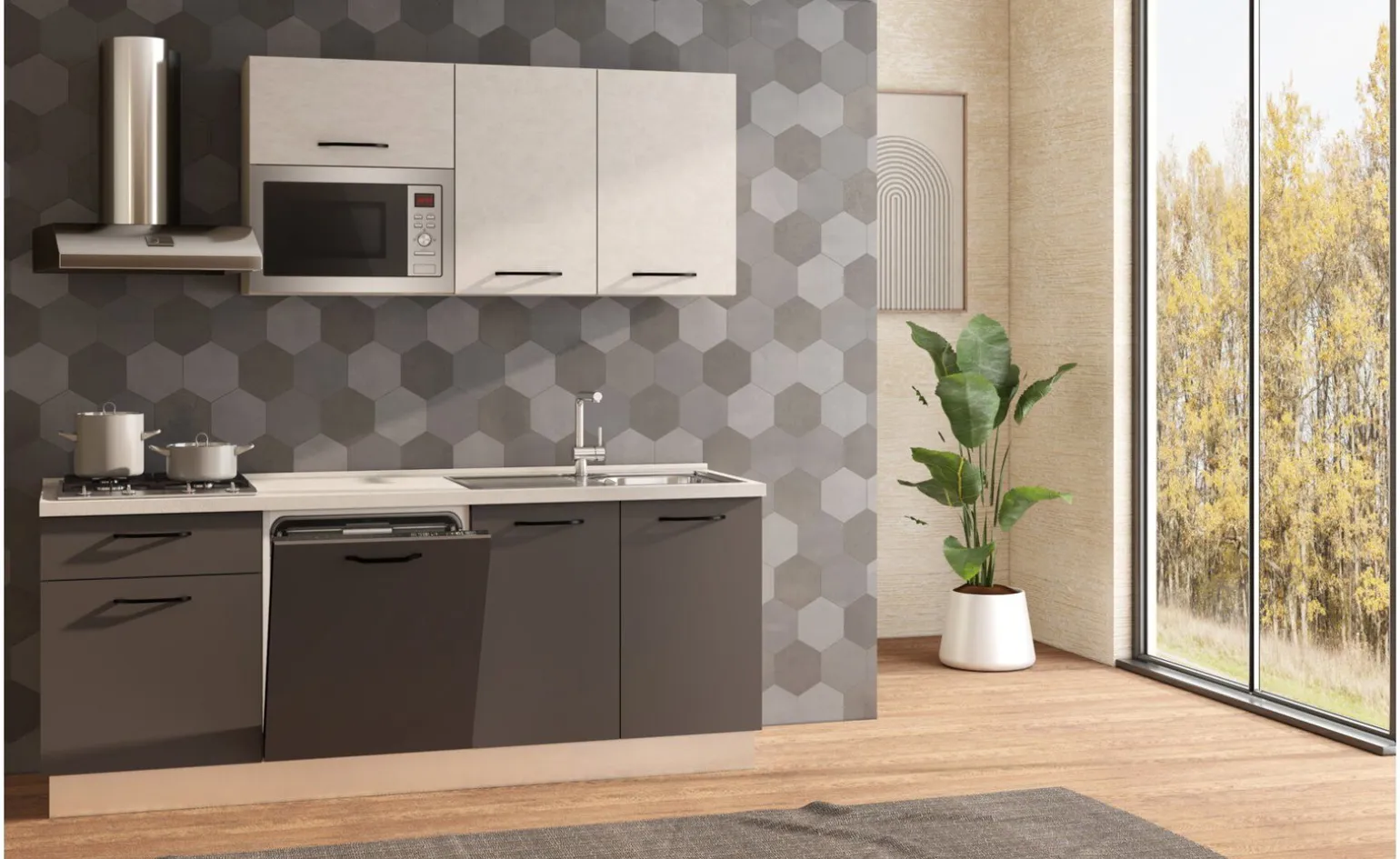 Fast Cucina completa L210 cm Noce/Tortora/Calce con piano cottura a gas