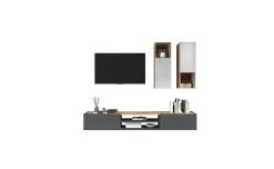 Garda parete soggiorno 2 pensili vetro rovere wotan/antracite/bianco laccato L210 cm