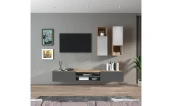 Garda parete soggiorno 2 pensili vetro rovere wotan/antracite/bianco laccato L210 cm