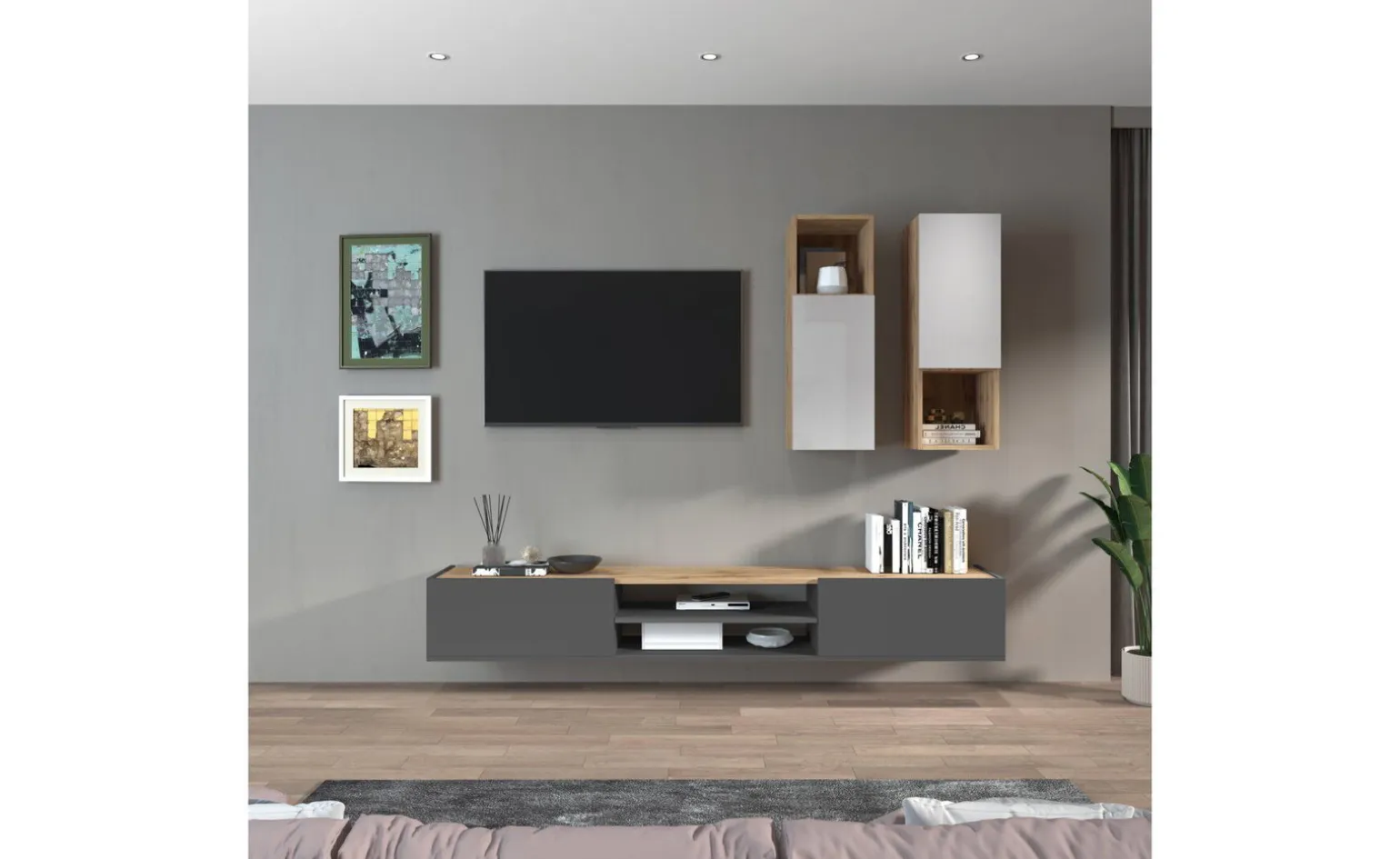 Garda parete soggiorno 2 pensili vetro rovere wotan/antracite/bianco laccato L210 cm