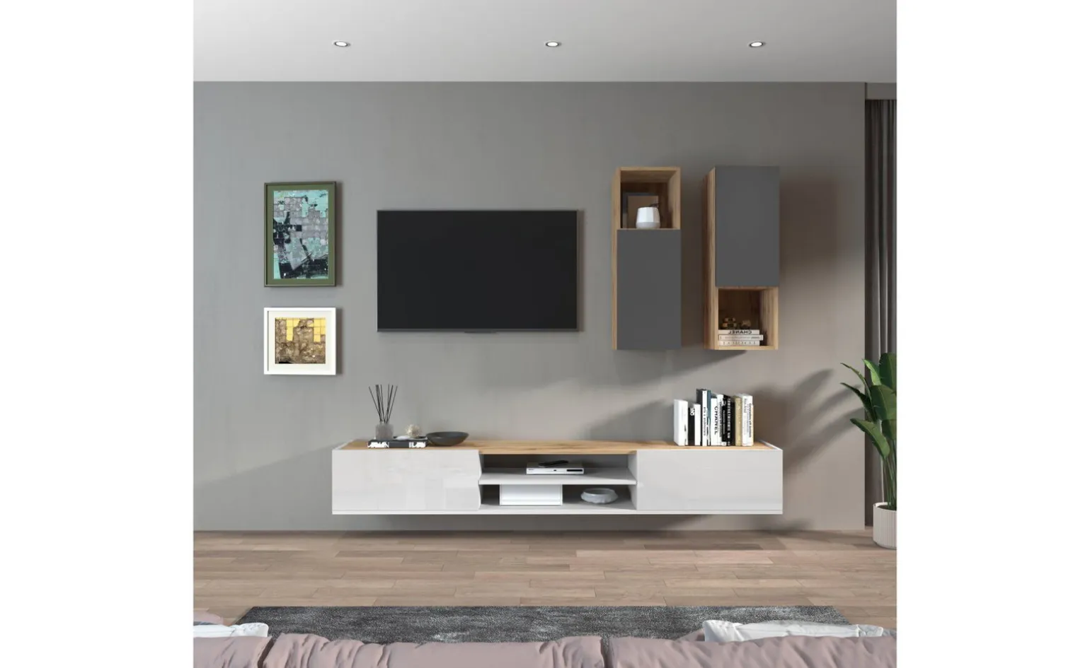 Garda parete soggiorno 2 pensili vetro rovere wotan/bianco laccato/antracite L210 cm